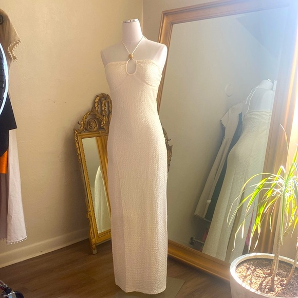 NWT Tropical Knit Keyhole Halter Maxi Dress, Slit Up Side, Various Sizes, Cream - Picture 5 of 7